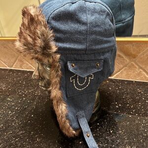 True Religion Blue Denim Faux Fur-Lined Trapper Hat